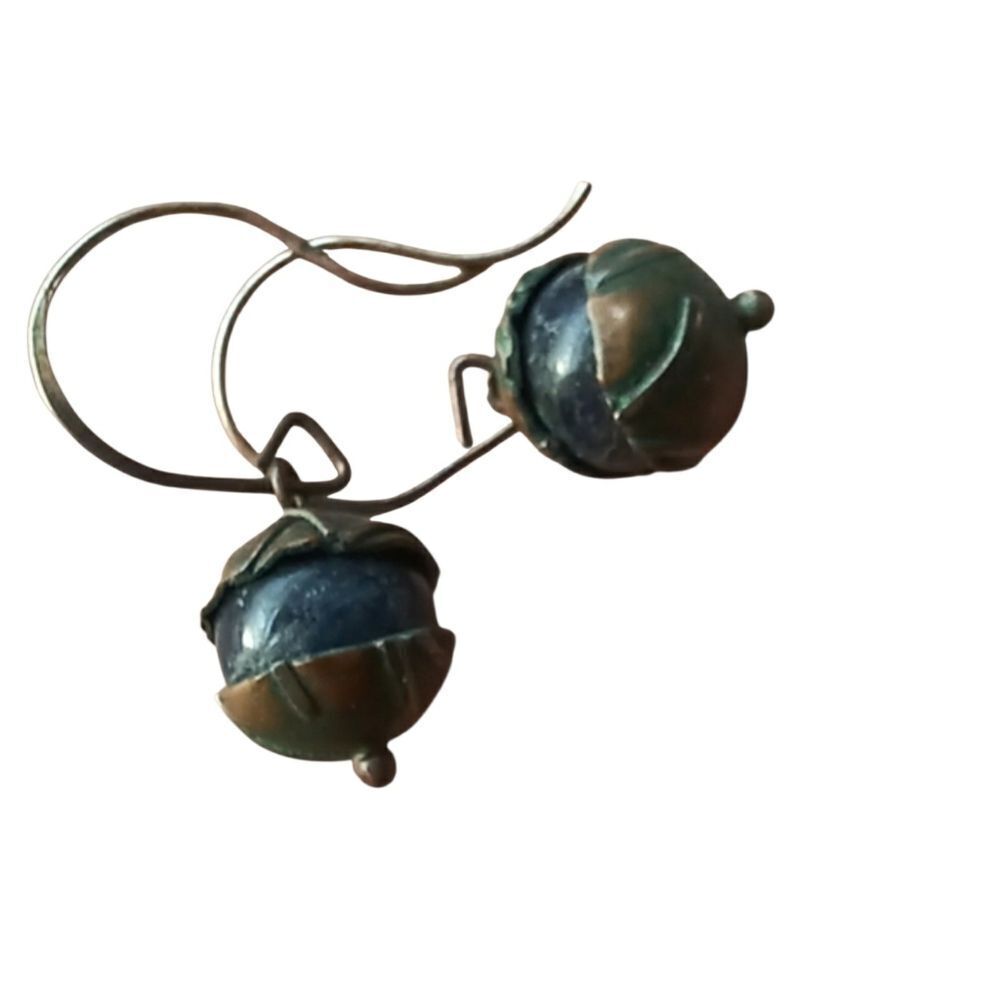 HANDCRAFTED Hook Earrings Copper Oynx Dangle Vintage 90s